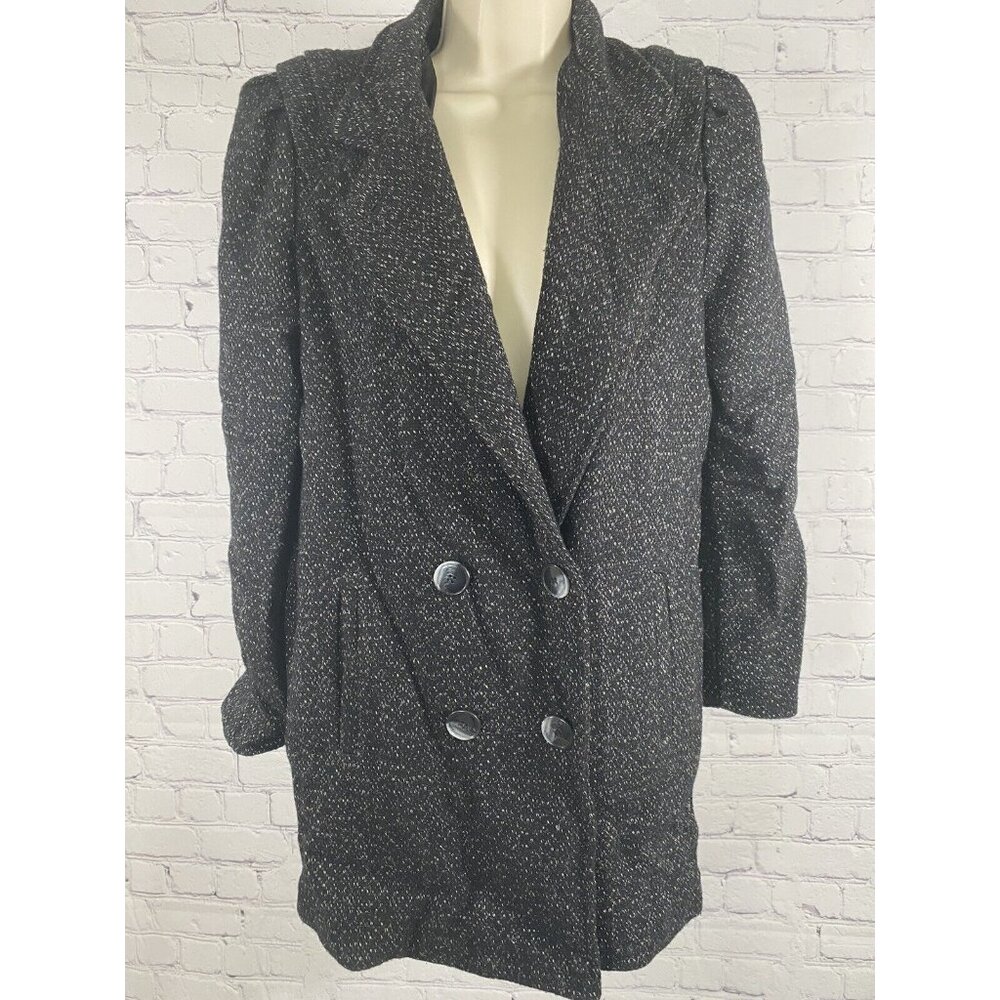 Vintage New York Girl Black Shoulder Pleated Double Breasted Pea Coat Jacket 6